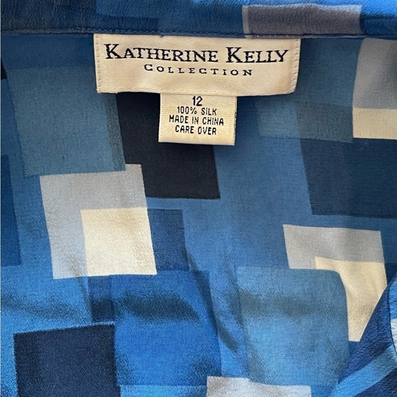Katherine Kelly 100% Silk Blue Square Short Sleeve Button Down Blouse Women’s 12 - Picture 5 of 8